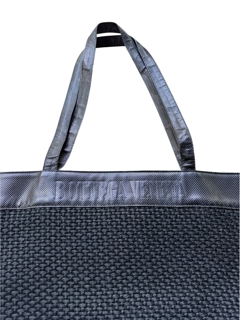 Bottega Venata Authentic Large Intrecciato Leather & Wool Raffia Nero Tote Bag